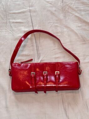 Bershka Shiny Red Patent Shoulder Clutch with Triple Buckles